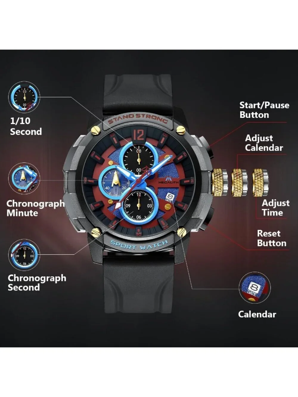 Men's Red Analog Quartz Heavy Duty Waterproof Chronograph Luminous Wrist Watch